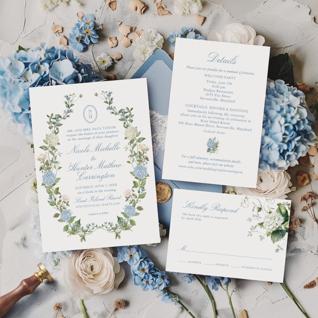 Blå Hydrangea Monogram Kröningskort Bröllopsinbjud Inbjudningar (Skapare uppladdad)