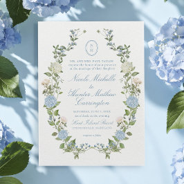 Blå Hydrangea Monogram Kröningskort Bröllopsinbjud Inbjudningar