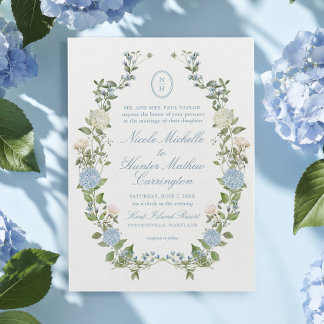 Blå Hydrangea Monogram Kröningskort Bröllopsinbjud Inbjudningar
