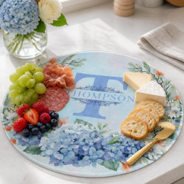 Blå Hydrangea Monogram Rund Skärbräda