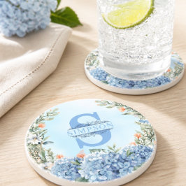Blå Hydrangea Monogram Rund Underlägg