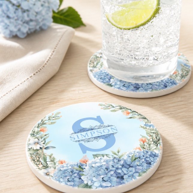 Blå Hydrangea Monogram Rund Underlägg (Skapare uppladdad)