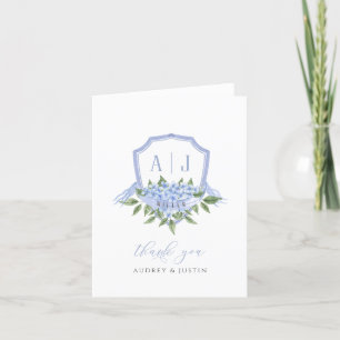 Blå Hydrangea Monogram-Vapensköld Anpassad Bröllop Tack Kort