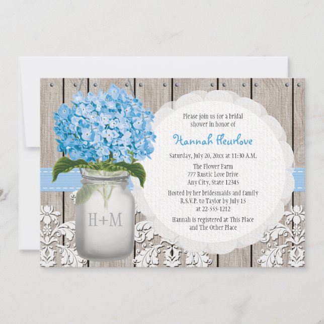 Blå Hydrangea Monogrammerad Masonburks Bröllopsfes Inbjudningar (Framsida)