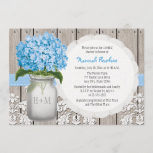Blå Hydrangea Monogrammerad Masonburks Bröllopsfes Inbjudningar
