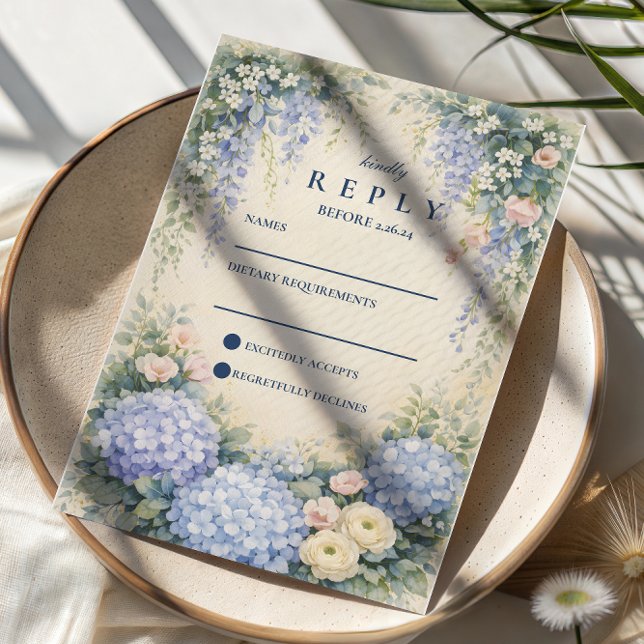 Blå Hydrangea Och Elfenbensfärgad Ros Bröllop OSA Kort (Skapare uppladdad)