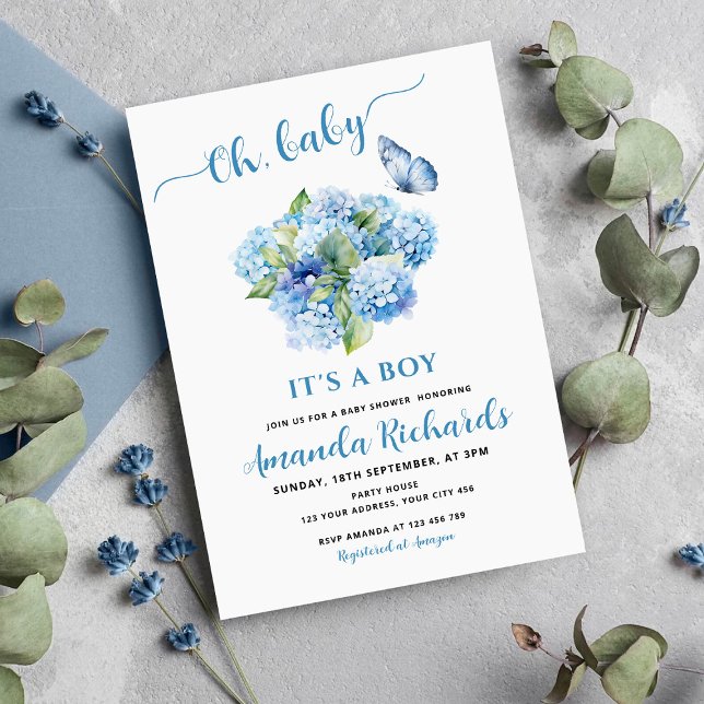 Blå Hydrangea Oj, Baby Det är en Pojke Baby Shower Inbjudningar (Skapare uppladdad)