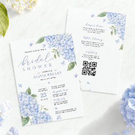 Blå Hydrangea Qr-kod Blommor i Vattenfärg Inbjudningar