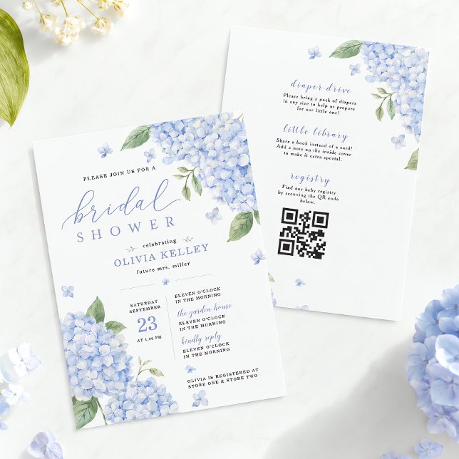 Blå Hydrangea Qr-kod Blommor i Vattenfärg Inbjudningar (Blue Hydrangea Qr Code Watercolor Floral Invitation)