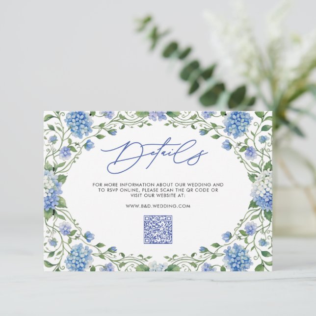 Blå Hydrangea QR-kod Bröllopsdetaljer Tilläggskort (Stående Fram)