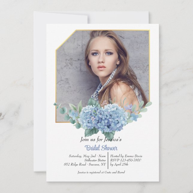 Blå Hydrangea Ram-fotoinbjudan Inbjudningar (Framsida)