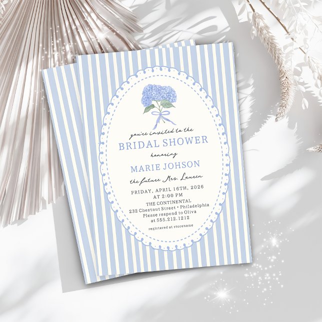 Blå Hydrangea Ränder Bröllopsfest Inbjudan (Skapare uppladdad)