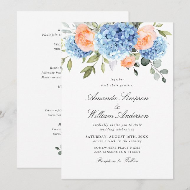 Blå Hydrangea  Rosa ros Bröllop alla i ett Inbjudningar (Fram/baksida)