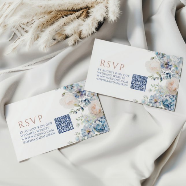 Blå Hydrangea & Rose Bröllop  QR-kod RSVP Tilläggskort (Skapare uppladdad)