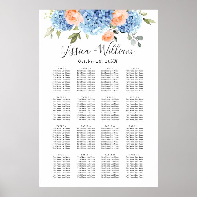 Blå Hydrangea Rosenskäm Blomster 16 Bord SITTPLATS Poster (Framsidan)