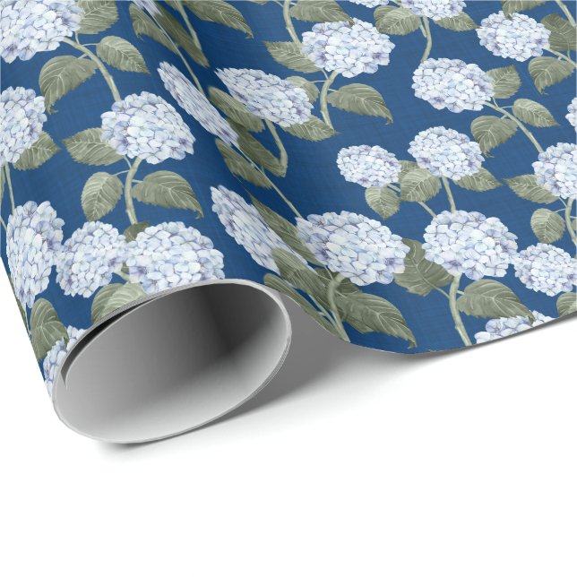 Blå Hydrangea Sommarträdgård Marin Linenstruktur Presentpapper (Rullad Hörn)