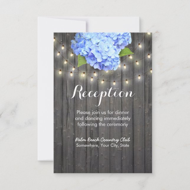 Blå Hydrangea & Strängljus Ladan Träreception Inbjudningar (Framsida)
