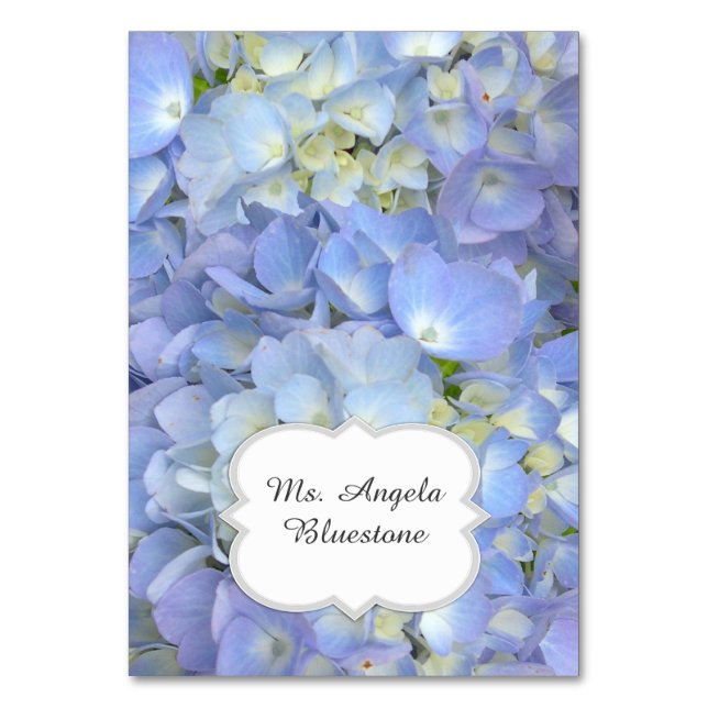Blå Hydrangea Tältade Platskort Namn Bordsnummer (Framsidan)