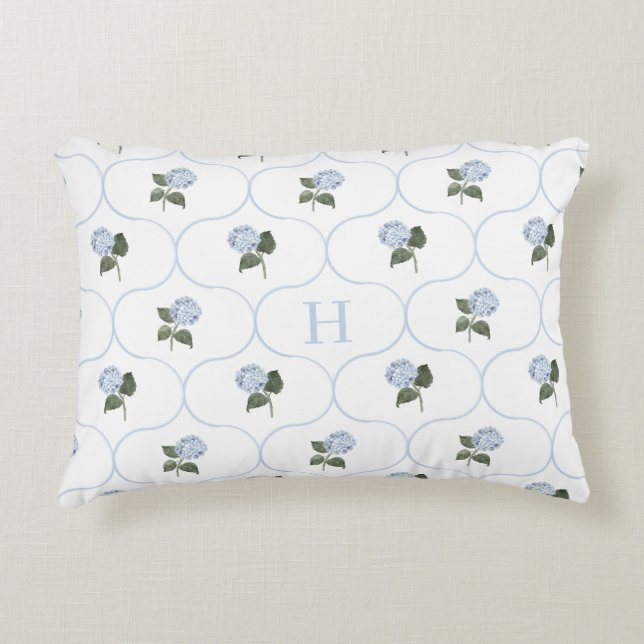 Blå Hydrangea Trädgårdsställning Monogram   Prydnadskudde (Framsidan)