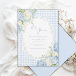 Blå Hydrangea Vintage Gingham Bebis Bebis Shower Inbjudningar