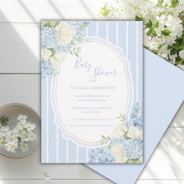 Blå Hydrangea Vintage Ram Babyshower  Inbjudningar (Skapare uppladdad)