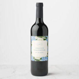 Blå Hydrangea Vit Ros Klassisk Bröllop Vinflaska Etikett