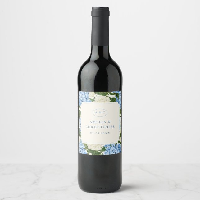 Blå Hydrangea Vit Ros Klassisk Bröllop Vinflaska Etikett (Framsida)