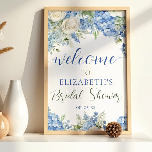 Blå Hydrangea Vita Rosor Blommig Skrift Välkommen Poster