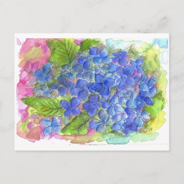 Blå Hydrangea Watercolor Flower Art Vykort (Framsida)