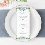 Blå Hydrangea Watercolor Flowers Bröllop Meny<br><div class="desc">Den här vackra designen har blå vattenskog och anpassningsbarna. Använda mallformuläret för att lägga till information. Med funktionen Anpassa ytterligare kan du öppna den avancerade redigeringsmenyn där du kan ändra teckensnitt,  färg och layout för texten eller lägga till text på menyns baksida.</div>