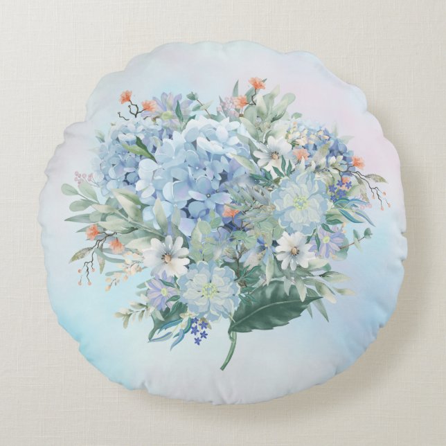 Blå Hydrangea Watercolor Round Pillow Rund Kudde (Framsidan)
