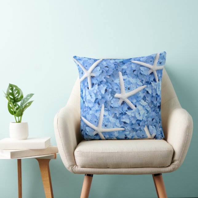 Blå Hydrangea White Starfish Coastal Pillow Kudde (Stol)