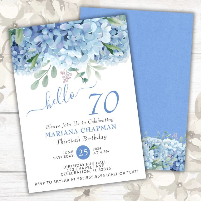 Blå Hydrangeas Akvarell Blommig 70-årsdag In Inbjudningar (Skapare uppladdad)