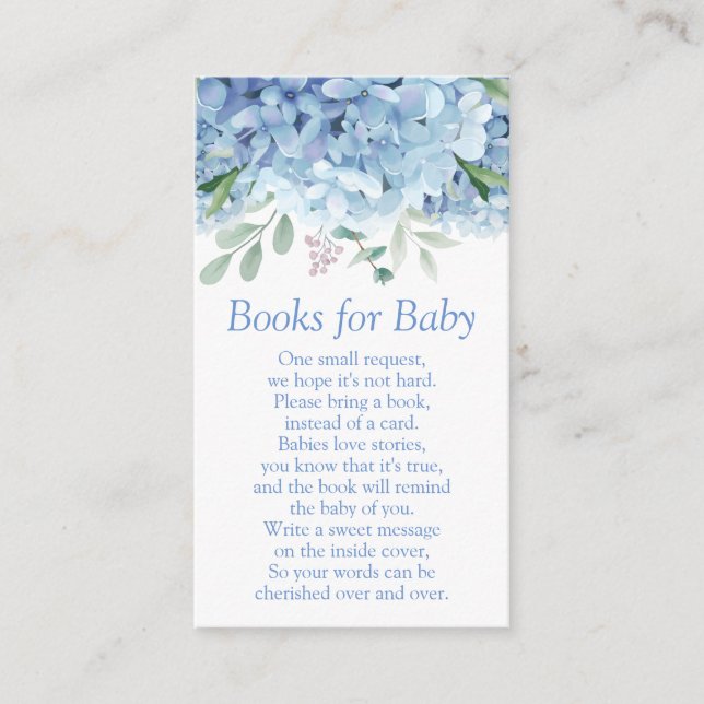 Blå Hydrangeas Baby Shower Böcker för Bebis Tilläggskort (Framsida)