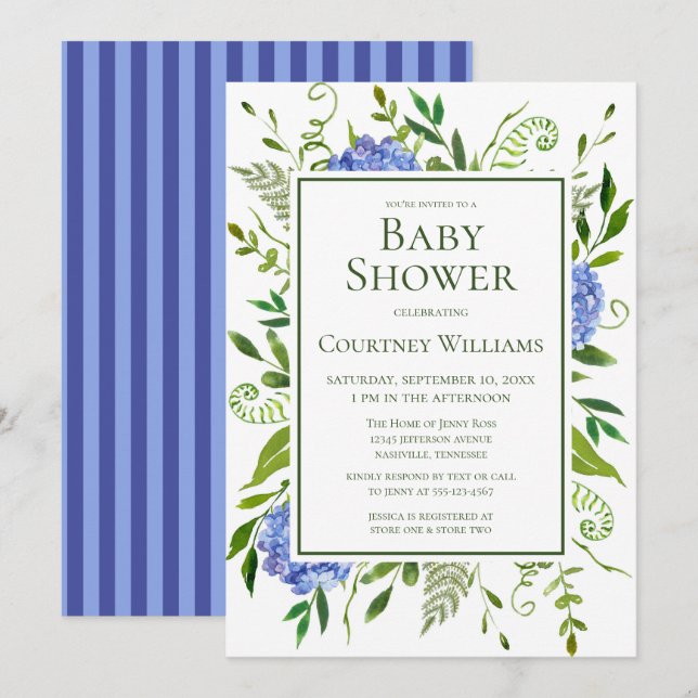 Blå Hydrangeas Blommig Akvarell Baby Shower Inbjudningar (Fram/baksida)