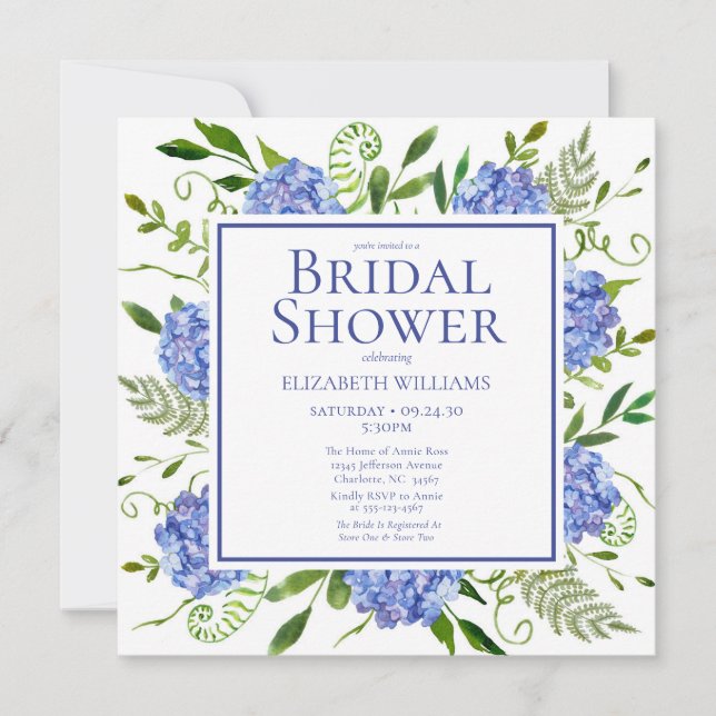 Blå Hydrangeas Blommig Akvarell Bröllopsdusch Inbjudningar (Framsida)