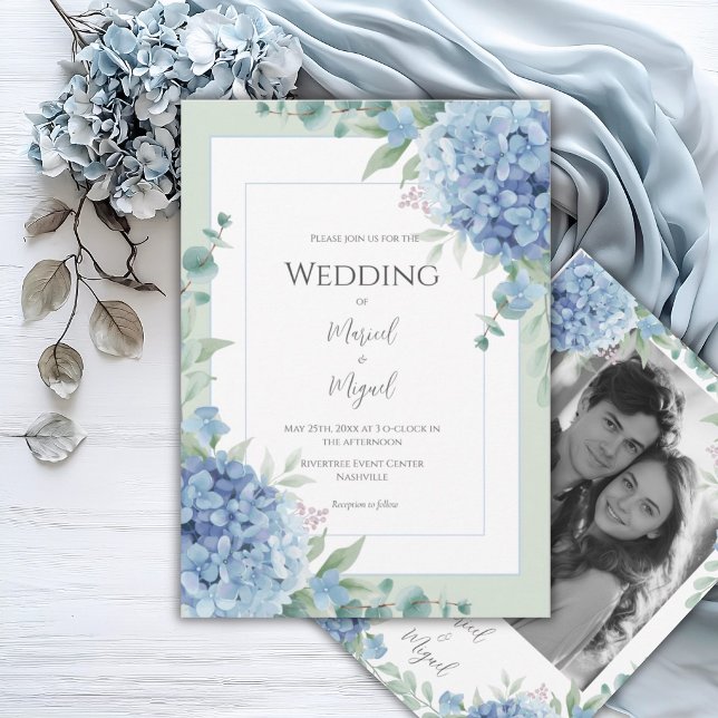 Blå Hydrangeas Blommig Foto Elegant Bröllop Inbjudningar (Skapare uppladdad)