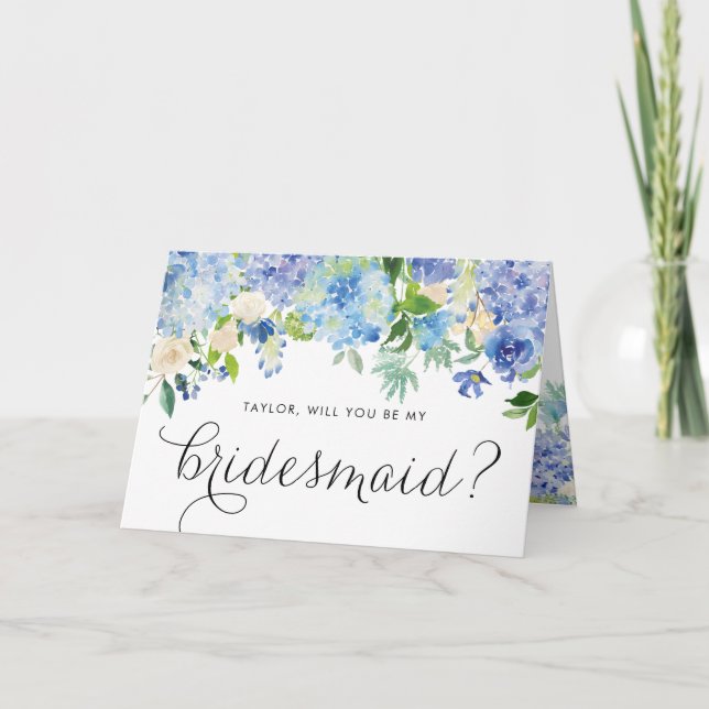 Blå Hydrangeas Blommigt kommer du bli min bridesma Kort (Framsida)