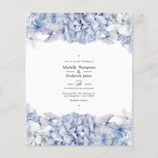 Blå Hydrangeas Bröllopsinbjudan Flygblad (Framsidan)