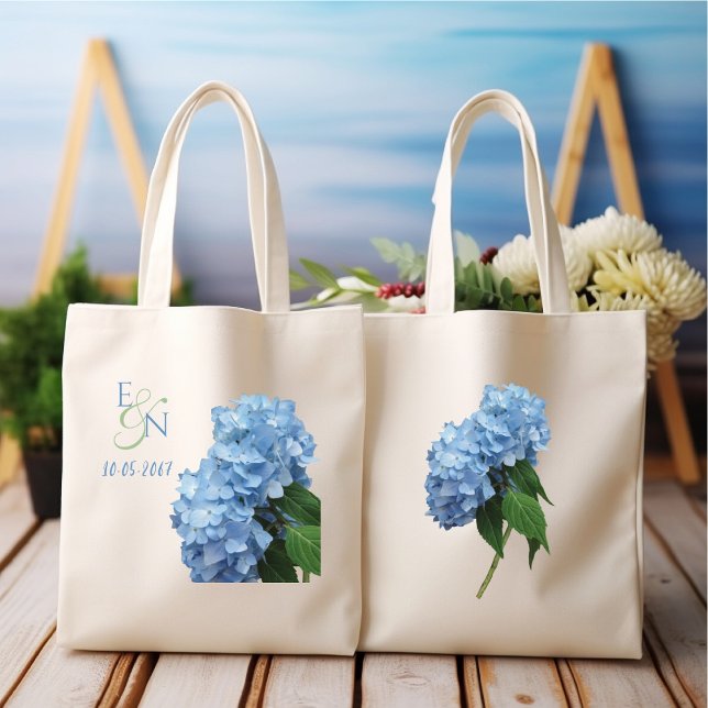 Blå Hydrangeas Bröllopsmonogram Tygkasse (Skapare uppladdad)