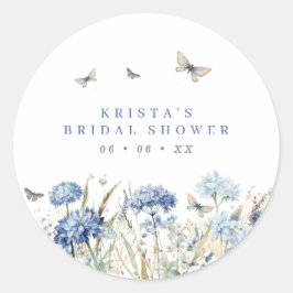Blå Hydrangeas & Fjärilar Bröllopsdusch Runt Klistermärke
