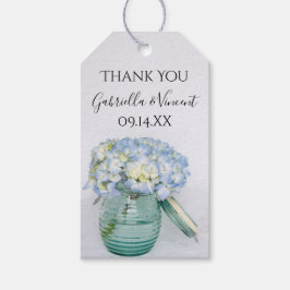 Blå Hydrangeas i Märkrn Blåblommor i Burk Vas Presentetikett