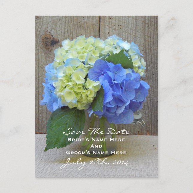 Blå Hydrangeas Masonburk Save The Date Vykort (Framsida)