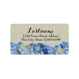 Blå Hydrangeas och Burlap Adressetikett