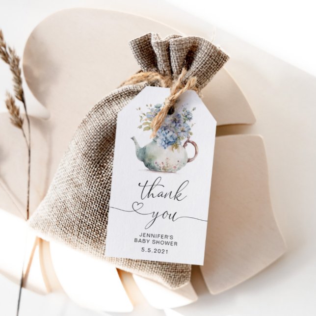 Blå Hydrangeas tekanna-babydusch tack. Presentetikett (Skapare uppladdad)