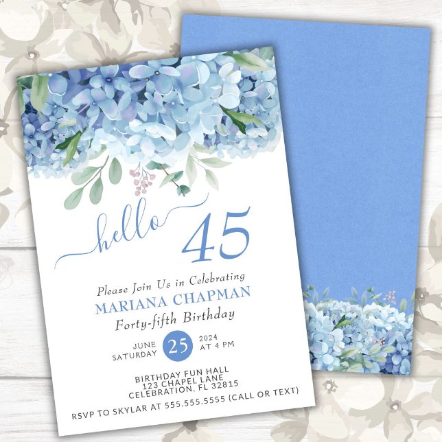 Blå Hydrangeas Vattenfärg Blommig 45-årsdag Inbjudningar (Skapare uppladdad)