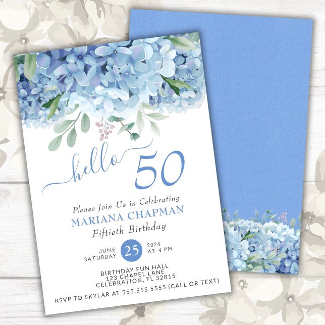Blå Hydrangeas Vattenfärg Blommig 50-årsdag In Inbjudningar (Skapare uppladdad)