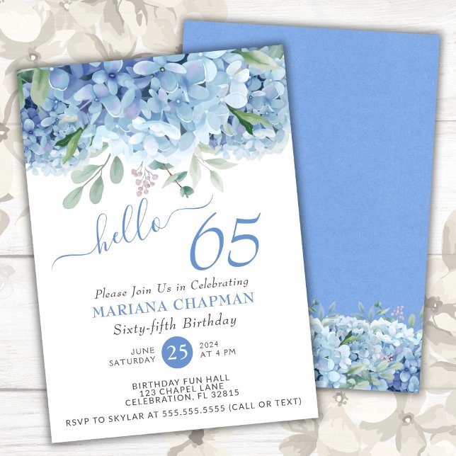 Blå Hydrangeas Vattenfärg Blommig 65-årsdag Inbjudningar (Skapare uppladdad)