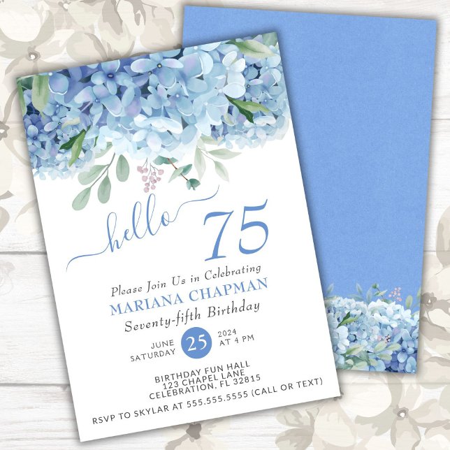 Blå Hydrangeas Vattenfärg Blommig 75-årsdag Inbjudningar (Skapare uppladdad)
