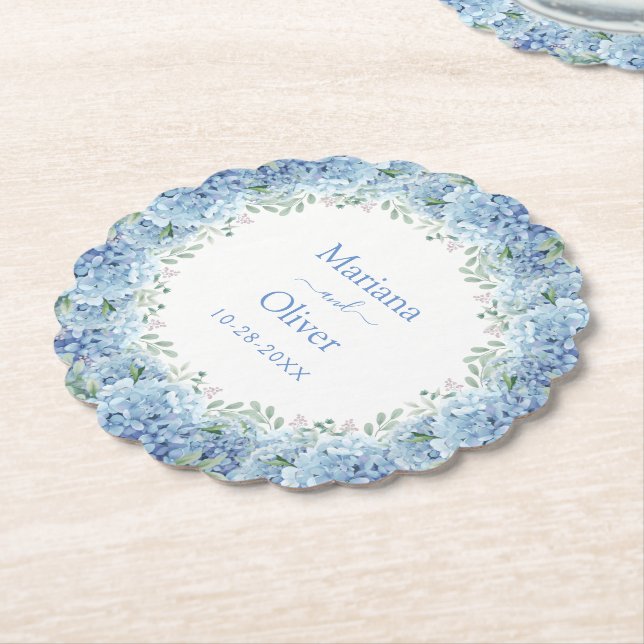 Blå Hydrangeas Vattenfärg Blommig Bröllop Underlägg Papper (Vinklad)